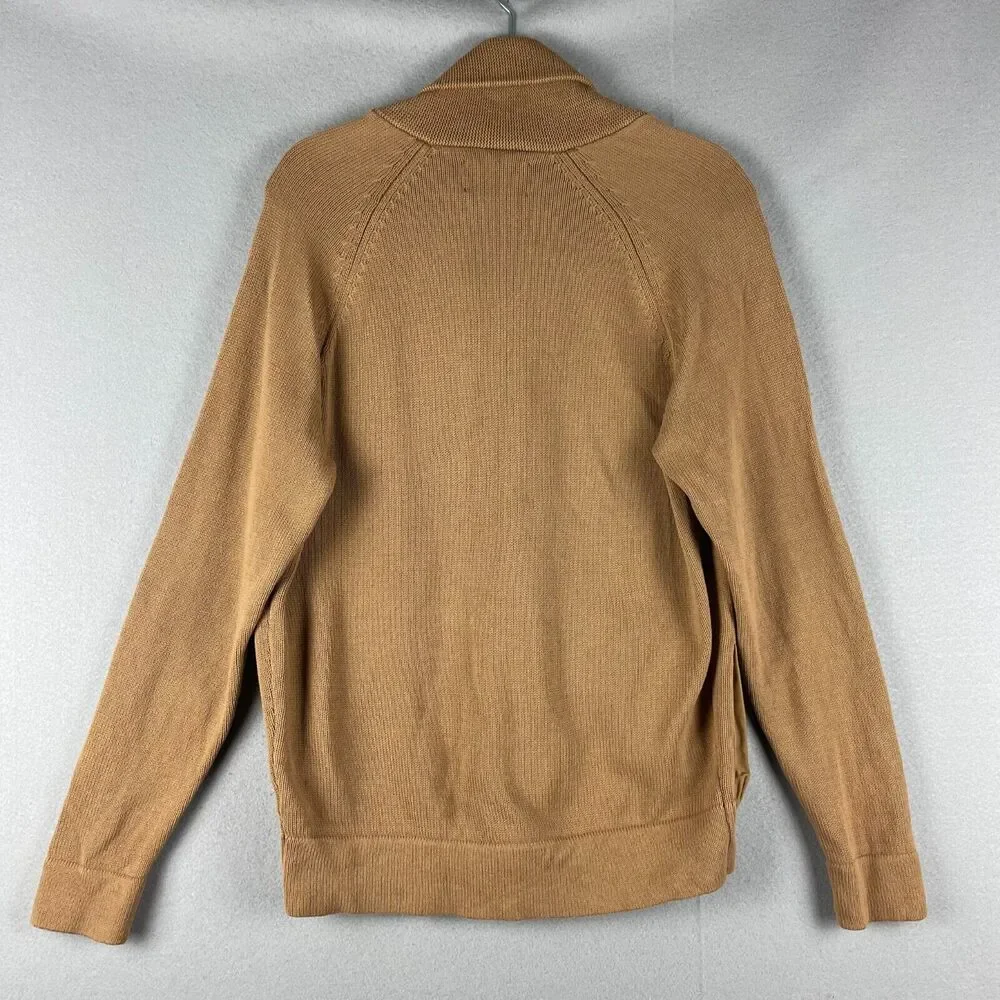 French Connection Safari Cardigan Sweater Mens Medium Tan Shawl Collar Cotton